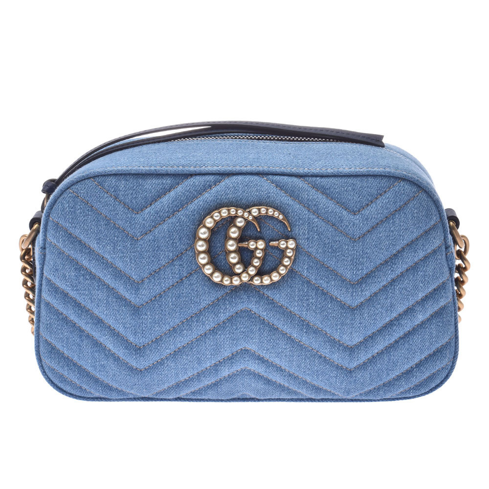 GUCCI GG Marmont Chain Shoulder Bag Pearl Blue Denim